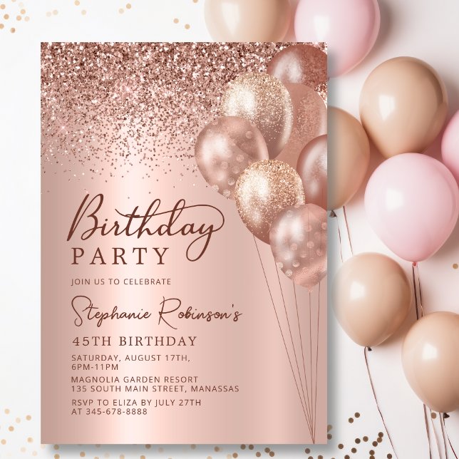 Invitación Rosa moderno Purpurina de oro globo 45º cumpleaños (Subido por el creador)