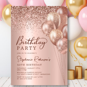 Invitación Rosa moderno Purpurina de oro globo 50 cumpleaños