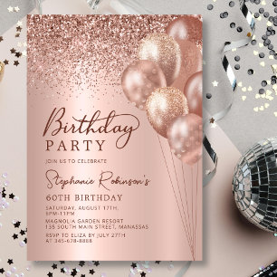 Invitación Rosa moderno Purpurina de oro globo 60 cumpleaños