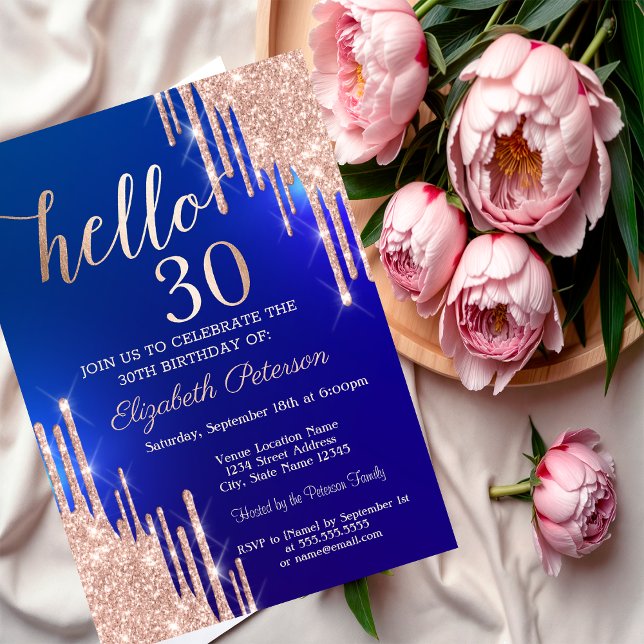 Invitación Rosa moderno Purpurina de oro gotea azul 30 cumple (Subido por el creador)