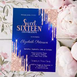 Invitación Rosa moderno Purpurina de oro gotea dulce azul 16