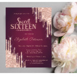 Invitación Rosa moderno Purpurina de oro gotea dulce de borgo<br><div class="desc">Moderno,  moda y glamuroso Sweet 16 con goteos purpurinas en un fondo de color burdeos.</div>