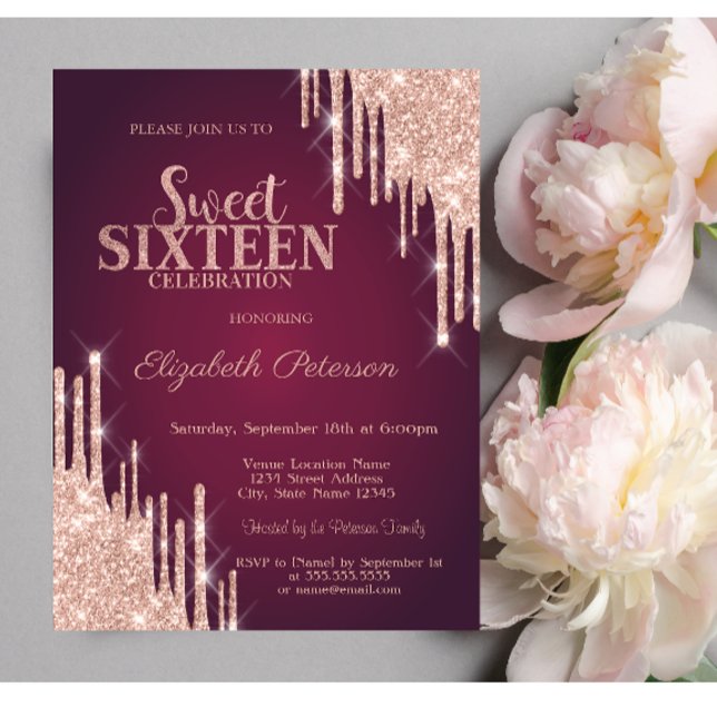 Invitación Rosa moderno Purpurina de oro gotea dulce de borgo (Subido por el creador)