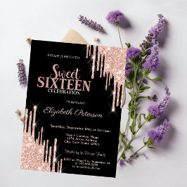 Invitación Rosa moderno Purpurina de oro gotea dulce negro 16