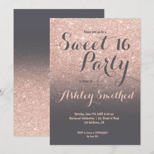 Invitación Rosa moderno purpurina de oro gris dulce 16
