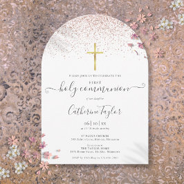 Invitación Rosa moderno Purpurina de oro Primera Santa Comuni