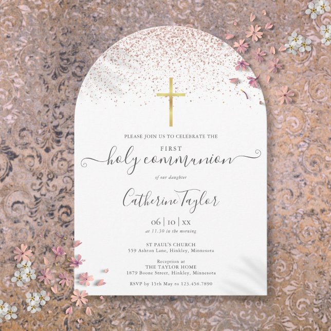 Invitación Rosa moderno Purpurina de oro Primera Santa Comuni (Modern Rose Gold Glitter First Holy Communion Invitation)