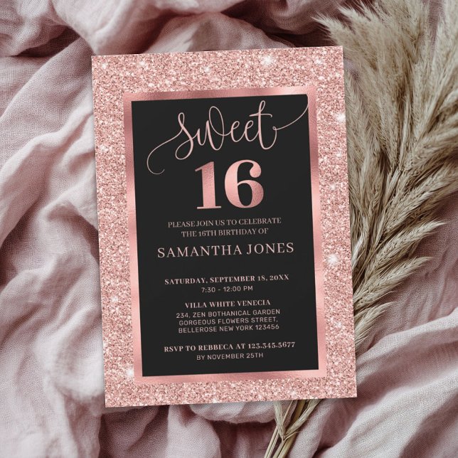 Invitación Rosa moderno purpurina de oro Relieve metalizado n (Modern rose gold glitter foil black sweet sixteen)