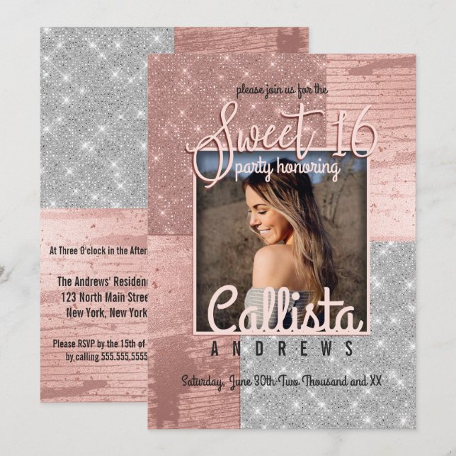 Invitación Rosa moderno Purpurina de plata de oro foto dulce  (Anverso / Reverso)