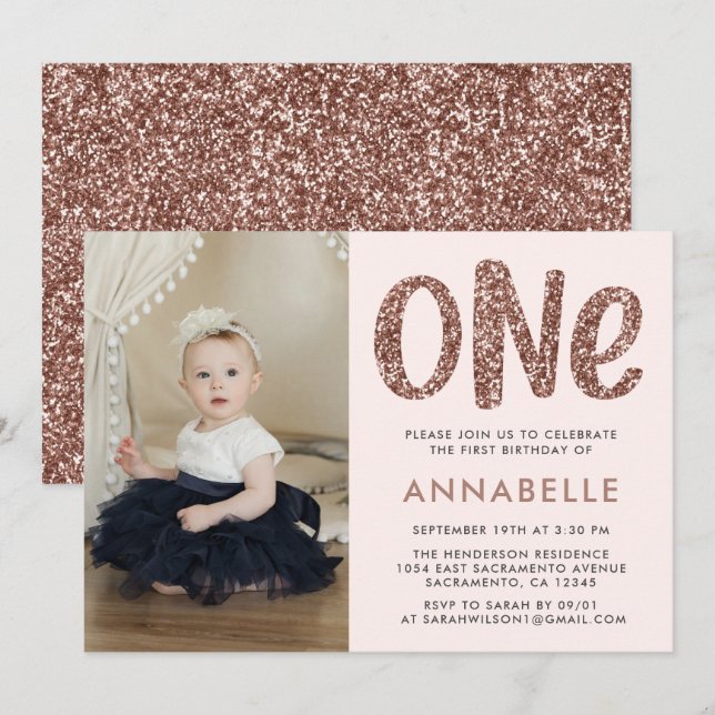 Invitación Rosa moderno Purpurina Gold Faux Primer cumpleaños (Anverso / Reverso)
