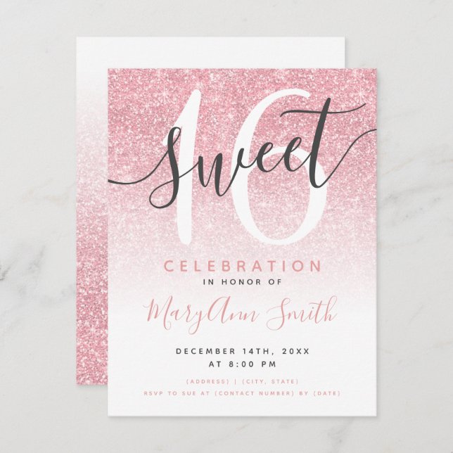 Invitación Rosa moderno Purpurina Oro Ombre 16 cumpleaños (Anverso / Reverso)