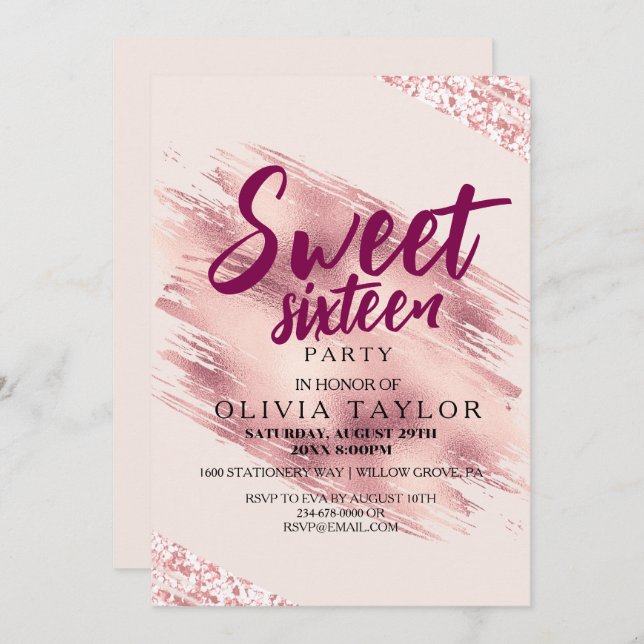 Invitación Rosa moderno Purpurina rosa Glam Sweet Dieciséis (Anverso / Reverso)