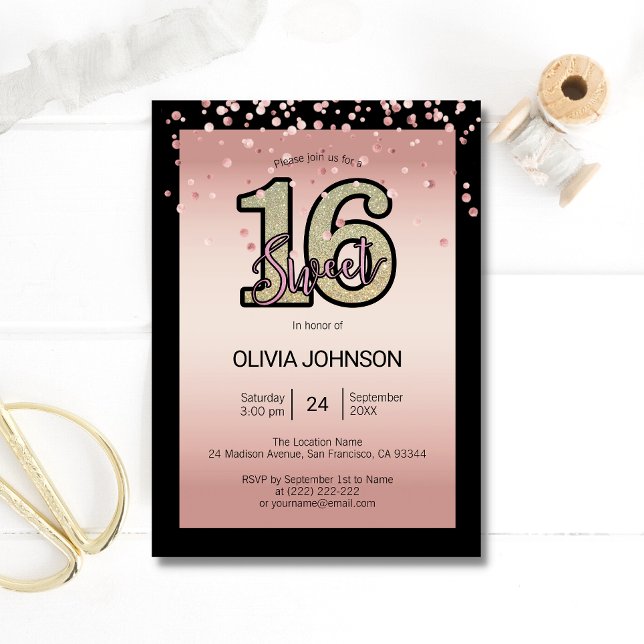 Invitación Rosa moderno Purpurina rosa Sparkle Sweet 16 (Subido por el creador)