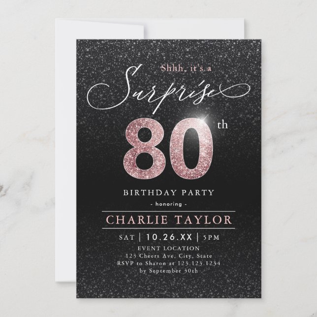 Invitación Rosa moderno sorpresa negro de oro 80 cumpleaños (Anverso)