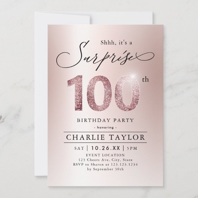 Invitación Rosa moderno sorpresa para adultos 100 años (Anverso)