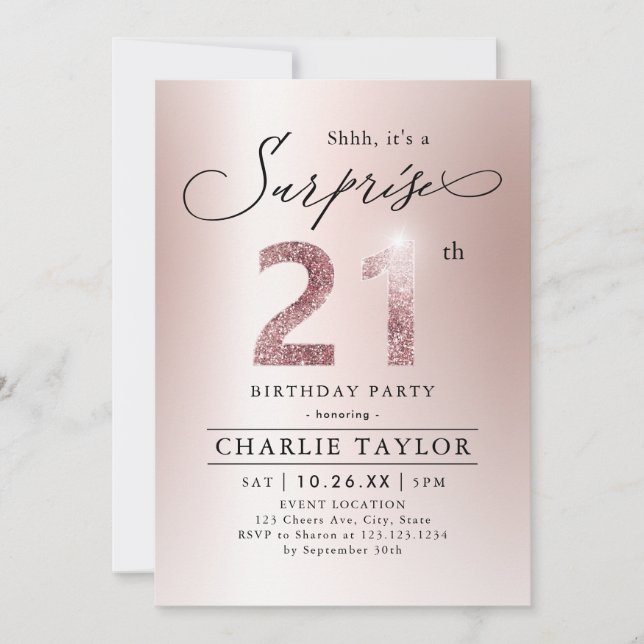 Invitación Rosa moderno sorpresa para adultos 21 años (Anverso)