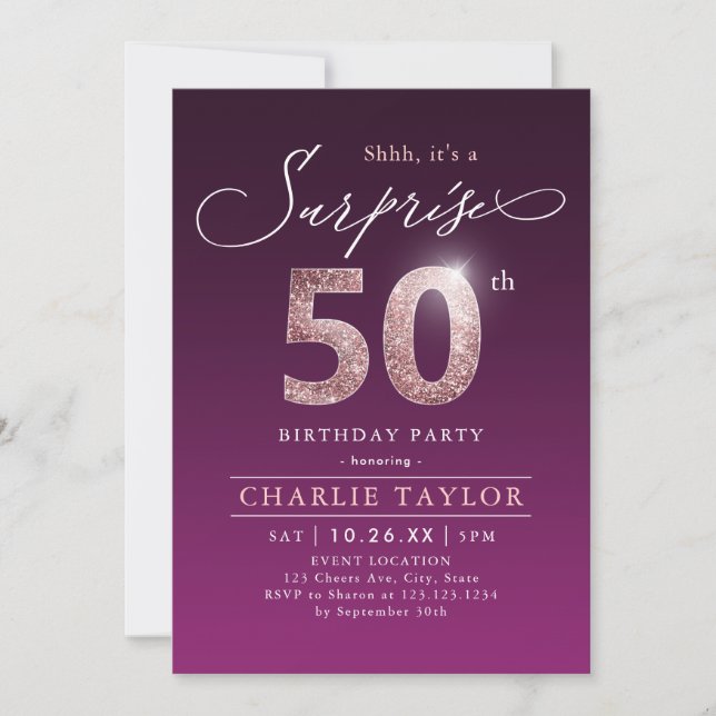 Invitación Rosa moderno sorpresa púrpura de oro 50 cumpleaños (Anverso)