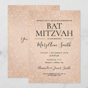 Invitación Rosa moderno Tapón de oro Mitzvah Faux Purpurina P