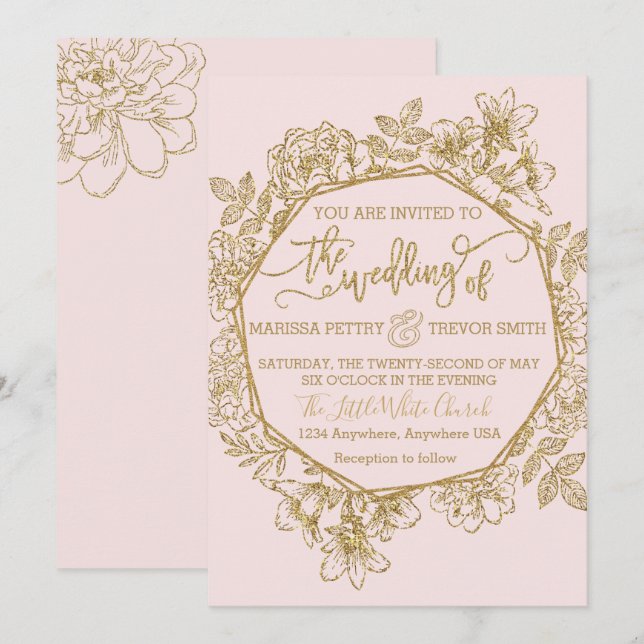 Invitación Rosa moderno y Boda floral rosa dorado (Anverso / Reverso)