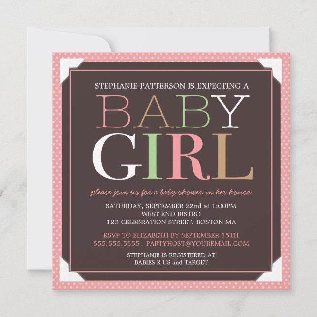 Invitación Rosa moderno y Brown Baby Shower de la niña (Anverso)