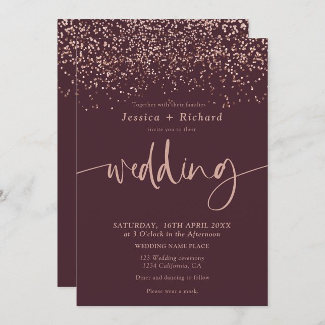 Invitación Rosa moderno y elegante guión boda burdeos de oro (Anverso / Reverso)