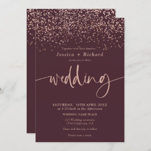 Invitación Rosa moderno y elegante guión boda burdeos de oro