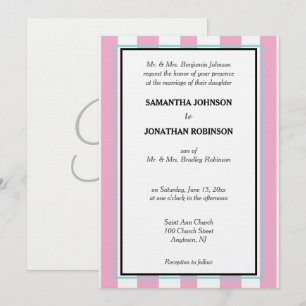 Invitación Rosa Monograma  Azul Espuma de Mar Rayas Blancas 