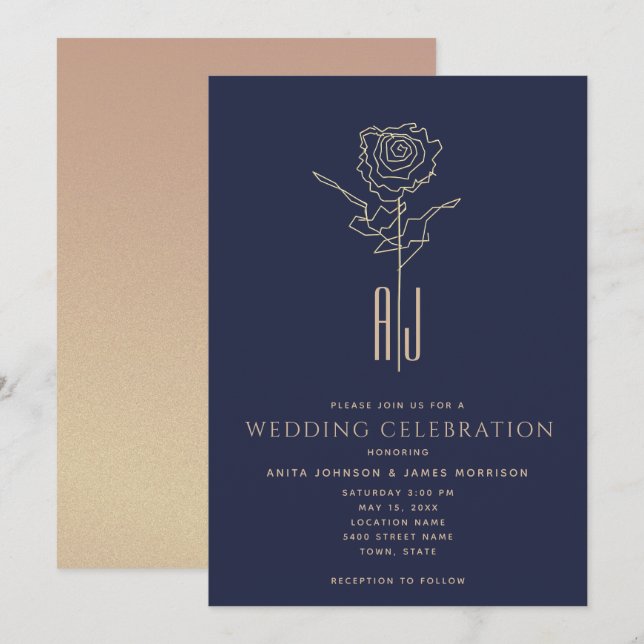 Invitación Rosa Monogramado Boda Azul de la Marina de Oro (Anverso / Reverso)