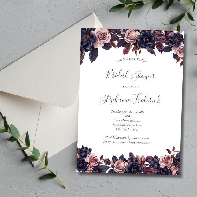 Invitación Rosa Moody Florals Bridal Shower (Deep Floral Dusty Rose Moody Watercolor Florals Bridal Shower Invitation)