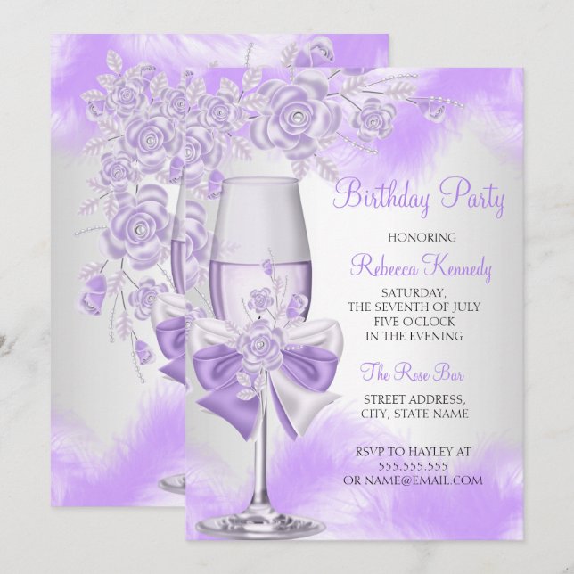Invitación Rosa morado Champagne Fiesta Floral Blanca (Anverso / Reverso)