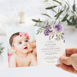 Invitación Rosa morado Chica de fotografía floral bautismo