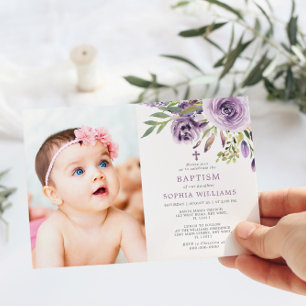 Invitación Rosa morado Chica de fotografía floral bautismo