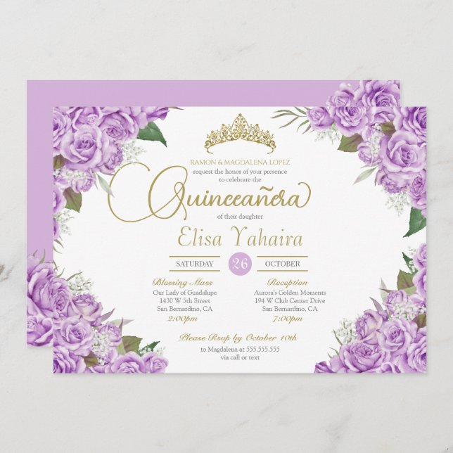 Invitación Rosa morado claro Floral Gold Tiara Quinceanera (Anverso / Reverso)