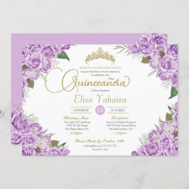 Invitación Rosa morado claro Floral Gold Tiara Quinceanera