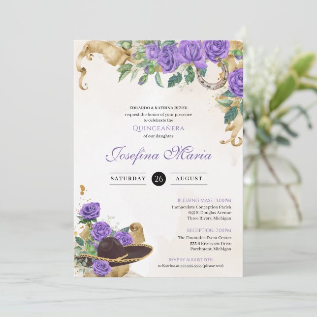 Invitación Rosa morado claro mexicana Mariachi Quinceanera (Anverso de pie)