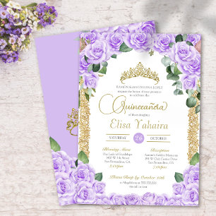 Invitación Rosa morado claro oro floral elegante Quinceanera