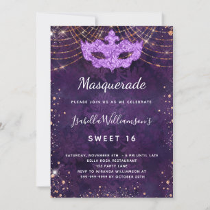 Invitación Rosa morado de mascarada oro dulce 16 fiesta