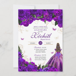 Invitación Rosa morado elegante Floral y mariposa Quinceañera