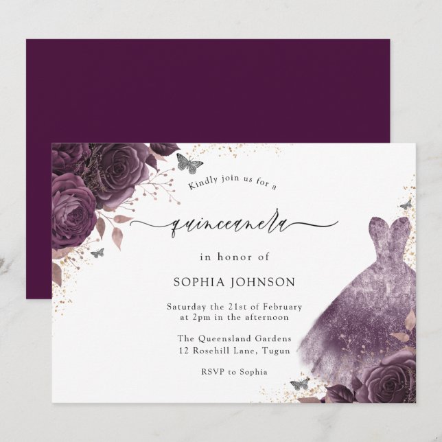 Invitación Rosa morado Esparkle Vestido Floral Quinceanera Fi (Anverso / Reverso)