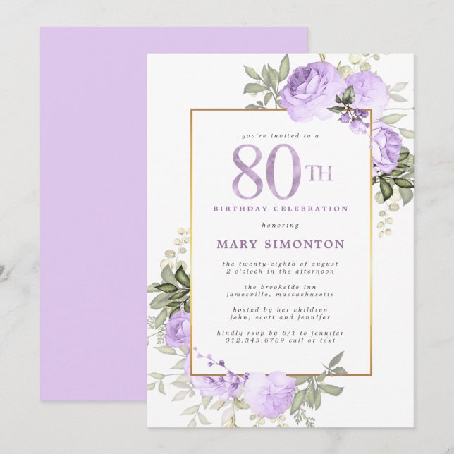 Invitación Rosa morado Floral 80 cumpleaños Invita (Anverso / Reverso)
