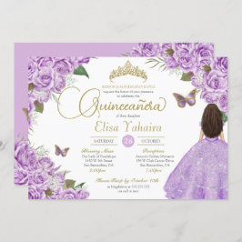 Invitación Rosa morado Floral Oro Tiara Mariposa Quince