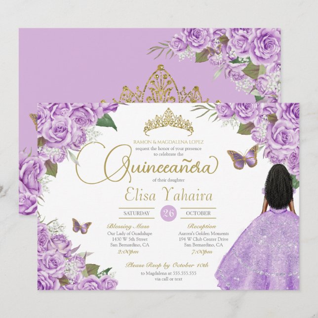 Invitación Rosa morado Floral Oro Tiara Mariposa Quince (Anverso / Reverso)