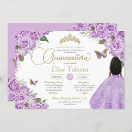 Invitación Rosa morado Floral Oro Tiara Mariposa Quince