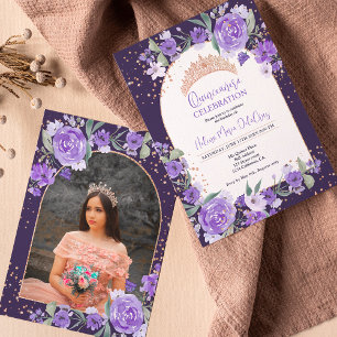 Invitación Rosa morado floral oro tiara princesa Quinceanera