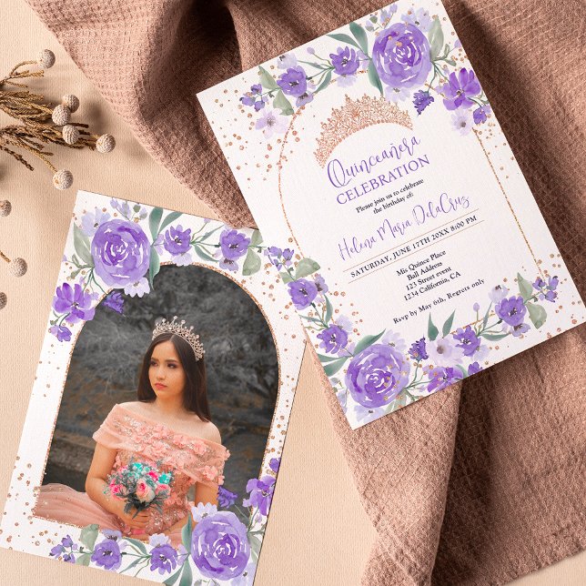 Invitación Rosa morado floral oro tiara princesa Quinceanera (Subido por el creador)