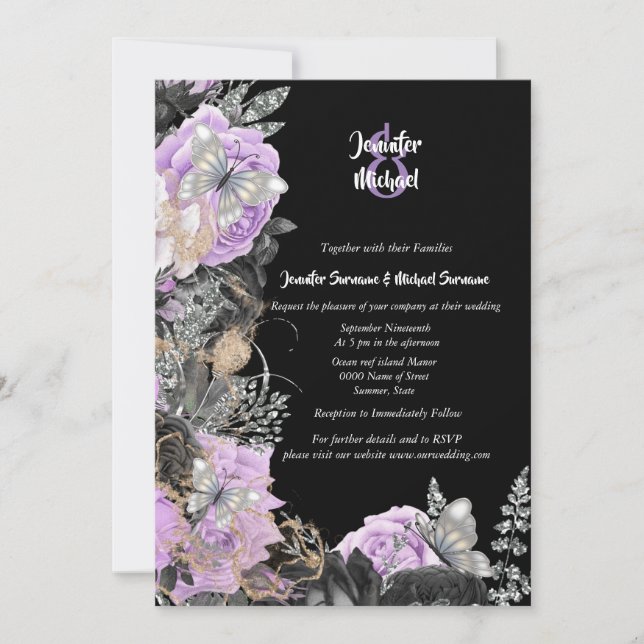Invitación Rosa morado moda mariposa  elegante (Anverso)