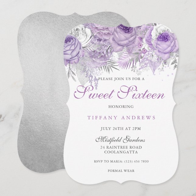 Invitación Rosa morado Plata Maravilla dulce 16 Invite (Anverso / Reverso)