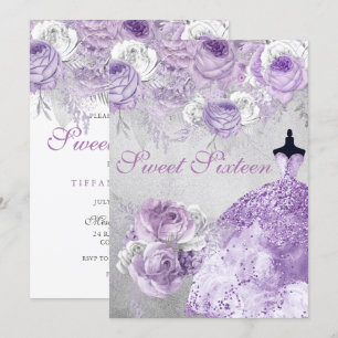 Invitación Rosa morado plateado Purpurina Gown Sweet 16 Invit