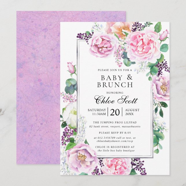 Invitación Rosa morado rosado Peony Floral Baby Brunch (Anverso / Reverso)