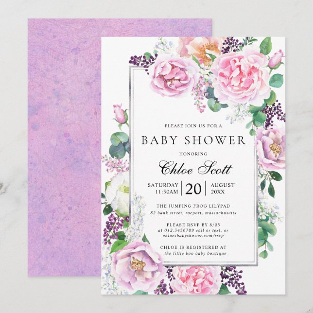 Invitación Rosa morado rosado Peony Floral Baby Shower (Anverso / Reverso)